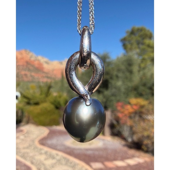 Vintage 18k Solid Gold Cultured Tahitian Black Pearl Pendant Necklace 12.3mm - Picture 11 of 13